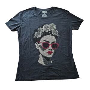 Mis Raices Frida Kahlo Rhinestone Graphic Tee Shirt Black XXG Mexican Art